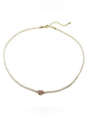 Delicate Pearl Necklace with Pink Gemstone